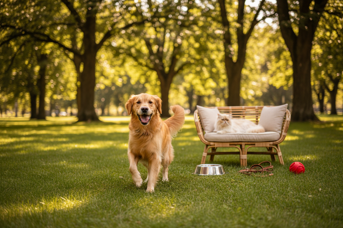 Golden retriever dog playing in a green park with a cat resting on a cat couch surrounded by pet accessories