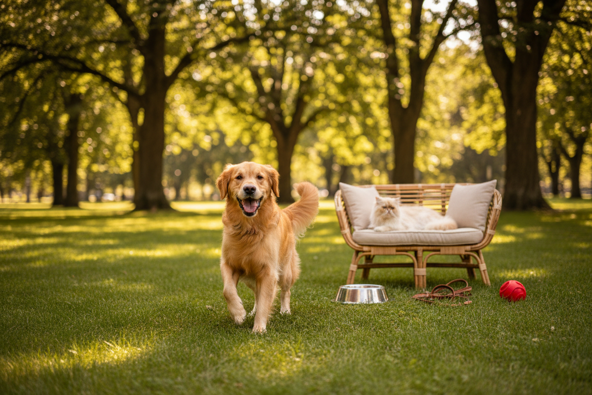 Golden retriever dog playing in a green park with a cat resting on a cat couch surrounded by pet accessories