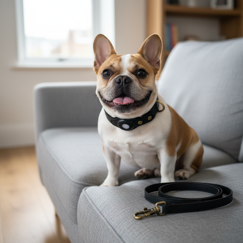 French Bulldog with black leather tracker collar
