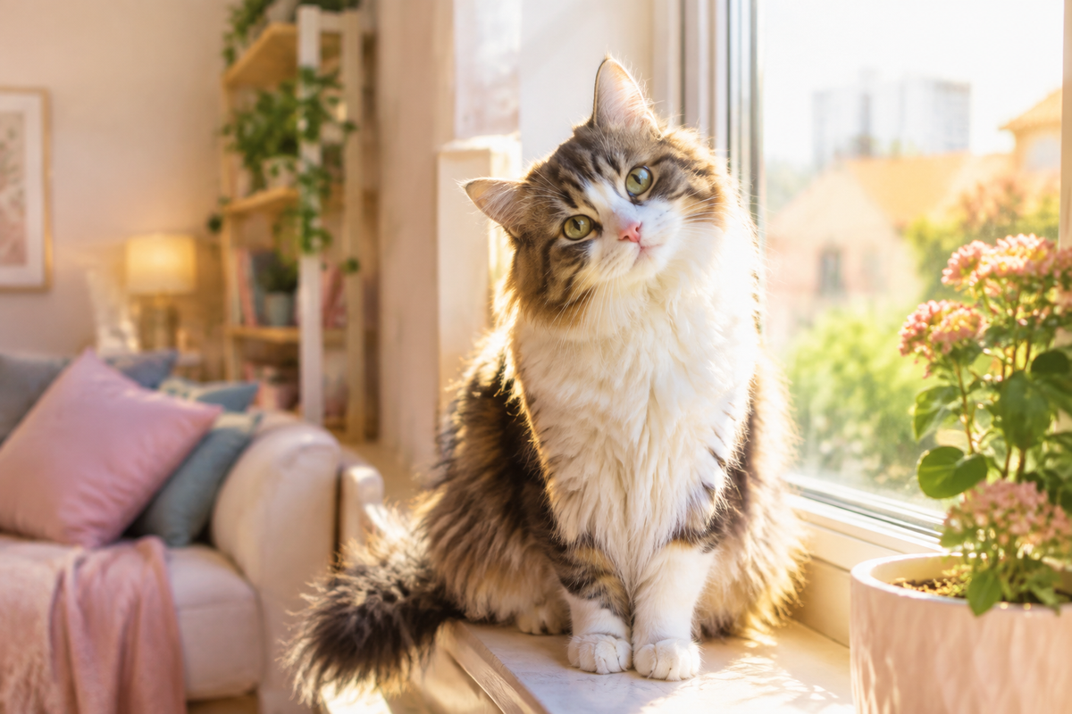 Happy cat on sunny windowsill
