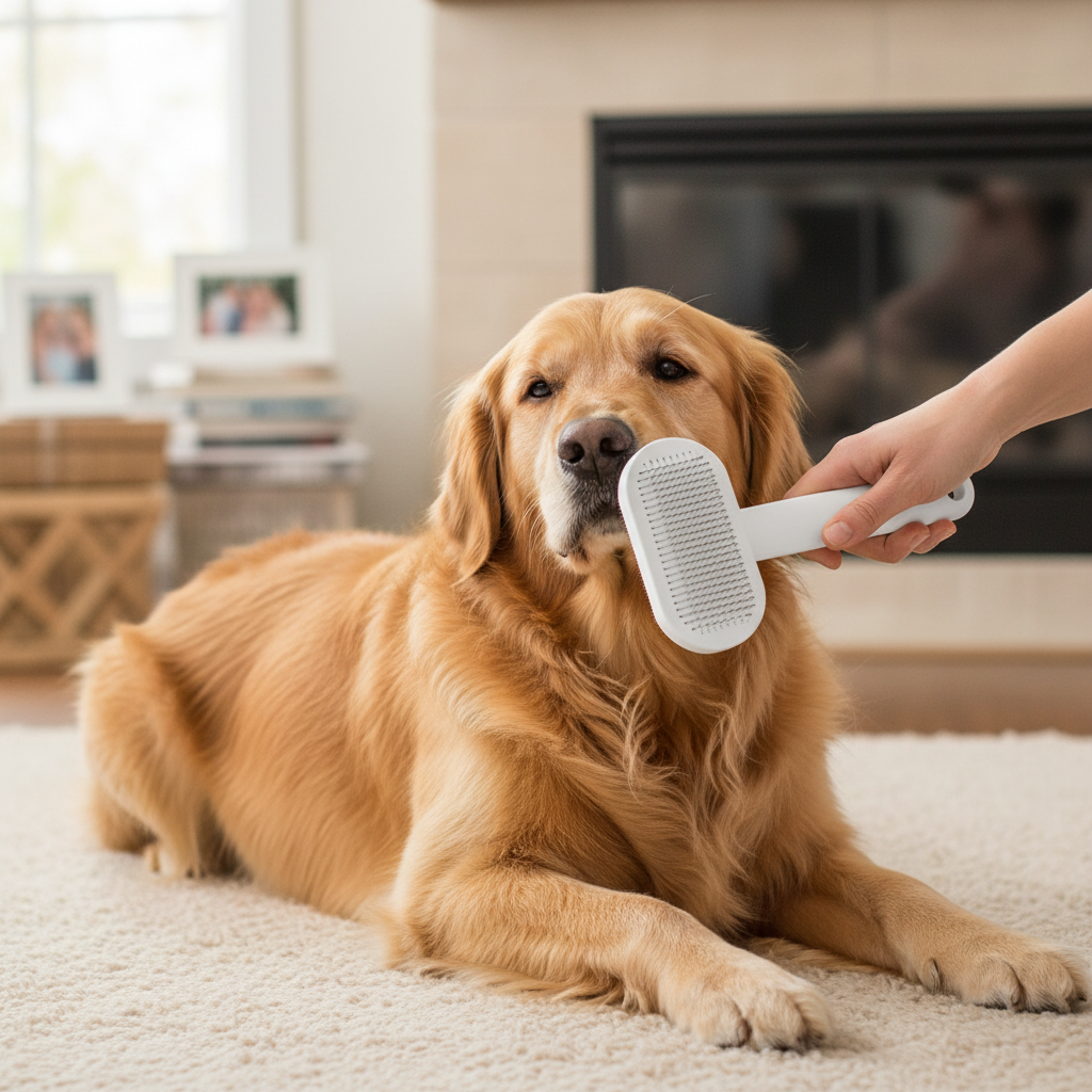 Human hand grooming a Golden Retriever with a white self-cleaning pet slicker brush