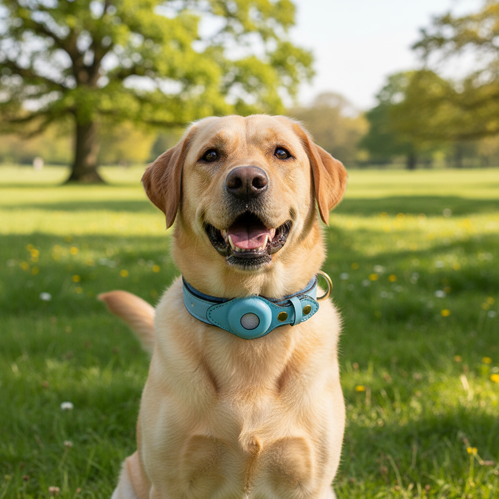 Labrador with blue leather tracker collar