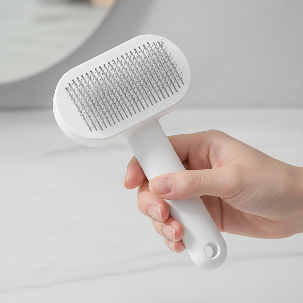 White slicker brush in hand