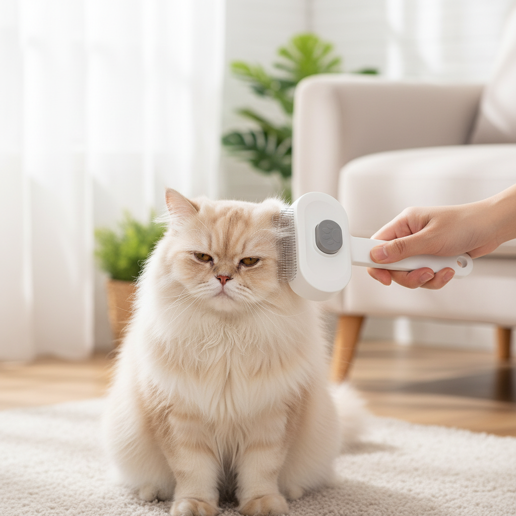 White slicker brush on fluffy cat